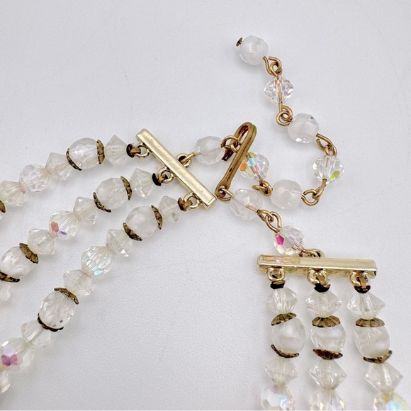 Vintage Givre Glass AB Crystal Bead Triple Strand Necklace Filigree Romantic - Picture 7 of 15